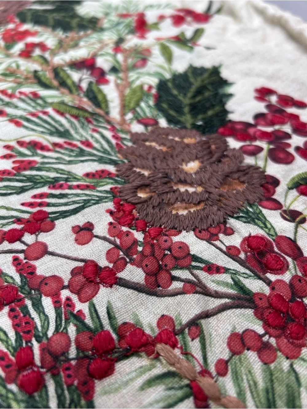 Pottery Barn Holly Berry Embroidered Lumbar Pillow Cover Solid Green Back NWT